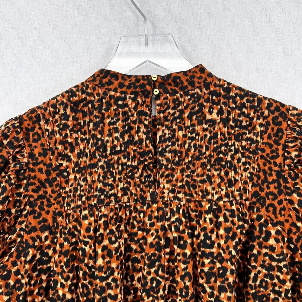 ULLA JOHNSON Vesna Blouse Womens 4 Brown Black Leopard Print Cotton Puff Sleeve